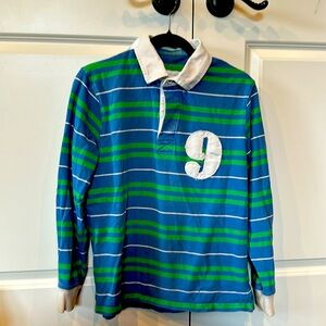 Mini-Boden boys, classic rugby shirt in blue and green striped. Size 1314 youth.